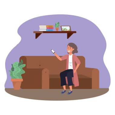 Bin yıllık kişi kapalı arka plan çerçevesi akıllı telefon kullanarak oturan