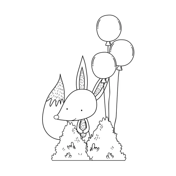 Lindo y pequeño zorro con globos de helio en el paisaje — Vector de stock