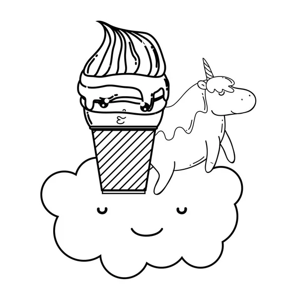 Cute Ice Cream met wolk en Eenhoorn kawaii — Stockvector