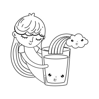 süt ve gökkuşağı kawaii karakteri ile küçük kız