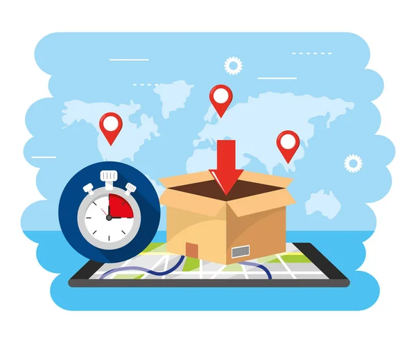 Smartphone-GPS-Karte mit Chronometer und Box-Standort — Stockvektor