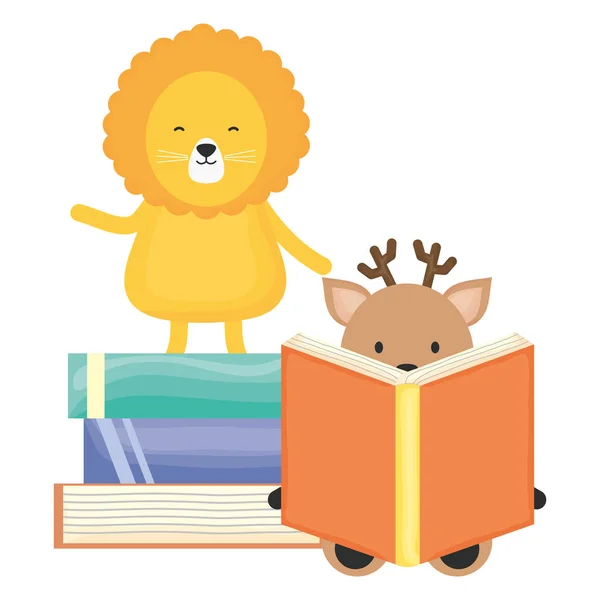 Милий лев і олень з книгами дитячий характер — стоковий вектор