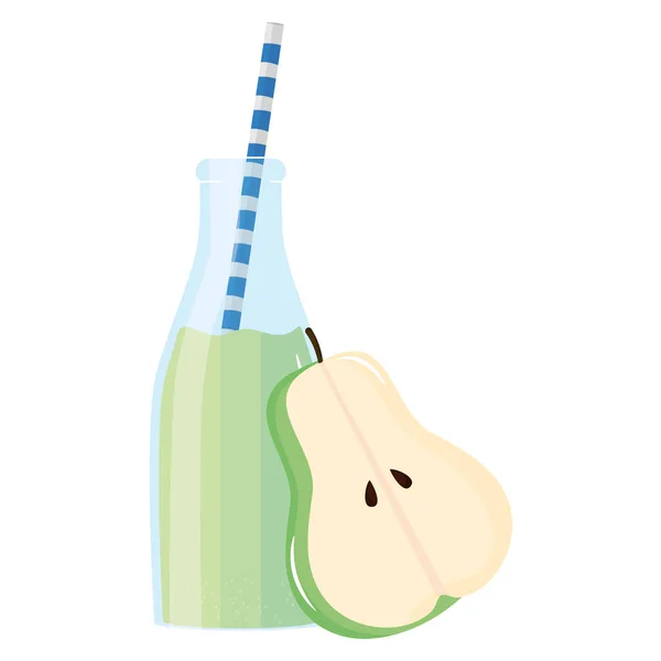 Medio zumo de pera fresca fruta en botella con paja — Vector de stock