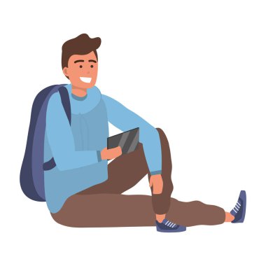 Bin yıllık öğrenci akıllı telefonda gezinirken gülümseyerek selfie sırt çantası izole alarak