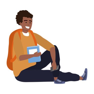 Bin yıllık öğrenci akıllı telefon afro tutan kitap sırt çantası izole tarama oturan