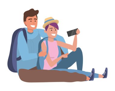 Bin yıllık öğrenci çift selfie sırt çantası alarak otururken gülümseyen