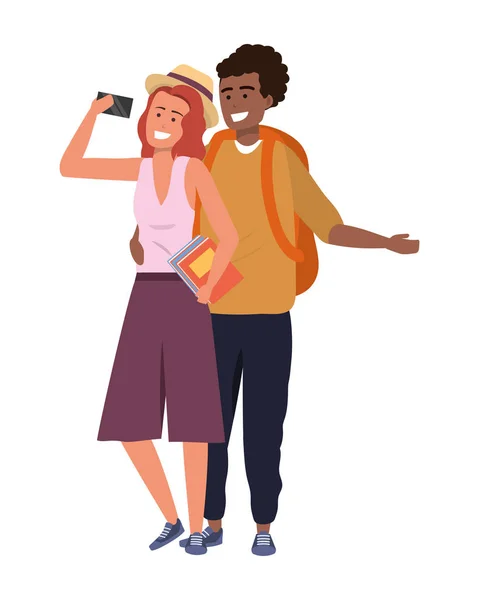 Millennial Student Couple Smiling Taking Selfie Browsing Apps Holding Book — Stock Vector