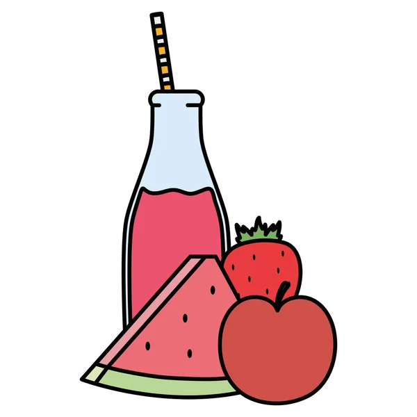 新鲜西瓜和苹果汁水果在机器人与稻草矢量插图设计 — 图库矢量图片