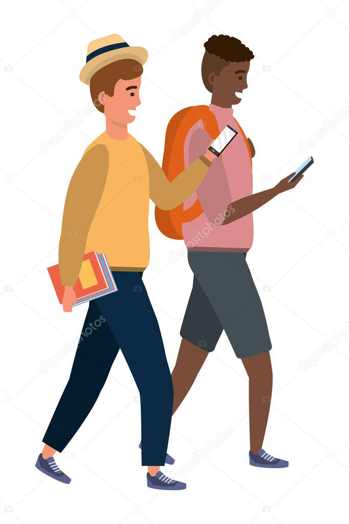 Millennial student couple smiling texting holding book afro backpack