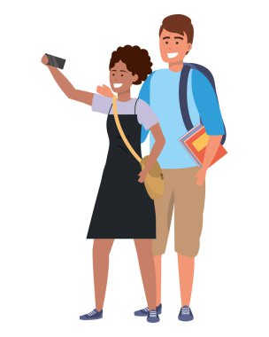 Bin yıllık öğrenci çift kitap afro sırt çantası çanta tutan selfie tarama uygulamaları alarak gülümseyerek