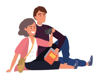 Bin yıllık öğrenci çift kitap çantası tutan selfie alarak otururken gülümseyen