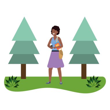 Bin yıllık öğrenci afro kadın etek açık havada akıllı telefon çim ve ağaçlar doğa arka plan vektör illüstrasyon grafik tasarım kullanarak mesajlaşma giyen