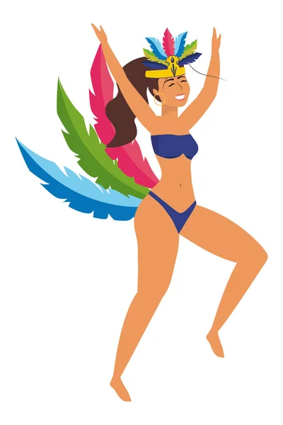 Mujer Con Tocado Plumas Bailando Con Bikini Brasileño Carnaval Vector — Archivo Imágenes Vectoriales