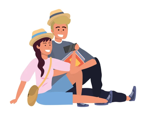 Millennial Student Couple Smiling Sitting Taking Selfie Holding Book Blond — Stock Vector