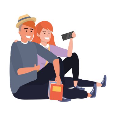 Bin yıllık öğrenci çift gülümseyerek selfie alarak kitap redhead tutarak