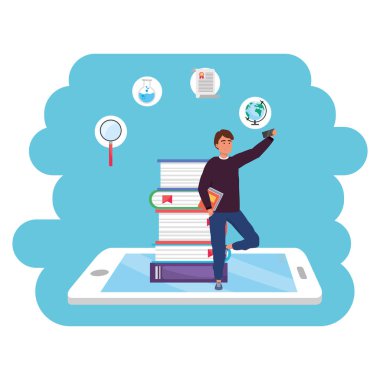 Online eğitim bin yıllık öğrenci adam kitap tablet ve kitap yığını arka plan genç kişi kariyer arama sıçrama çerçeve vektör illüstrasyon grafik tasarım tutan