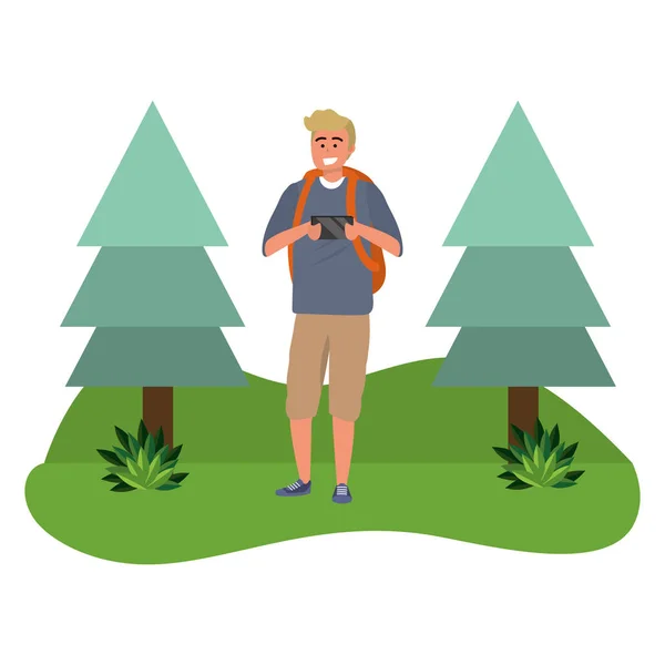 千禧年学生金发男子穿着短裤户外发短信使用智能手机草和树木自然背景矢量插图图形设计 — 图库矢量图片