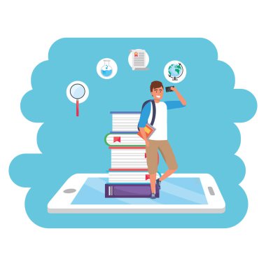 Online eğitim bin yıllık öğrenci şort tablet ve kitap yığını arka plan genç kişi kariyer arama sıçrama çerçeve vektör illüstrasyon grafik tasarım giyiyor