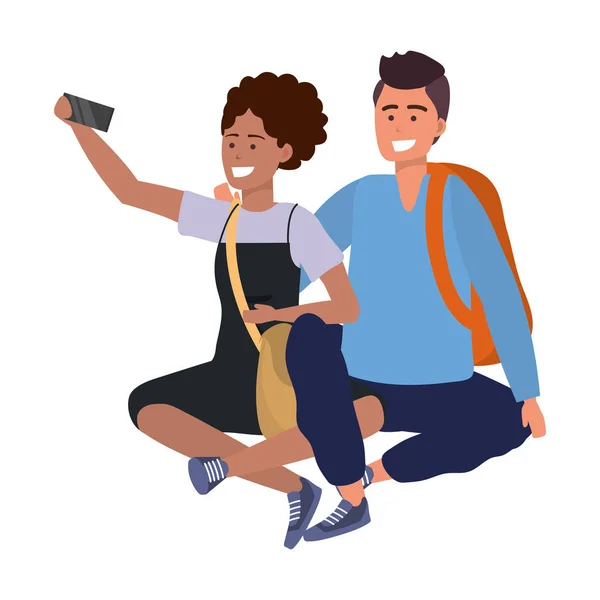 Millennial Student Para Uśmiechnięta Siedząc Biorąc Selfie Plecak Torebkę — Wektor stockowy