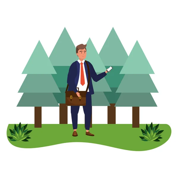 Millennial Estudiante Hombre Vistiendo Traje Corbata Aire Libre Mensajes Texto — Vector de stock