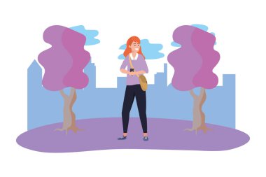Ağaçlar vektör illüstrasyon grafik tasarım ile açık renkli doğa arka plan akıllı telefon mesajlaşma kullanarak Bin yıllık öğrenci redhead kadın