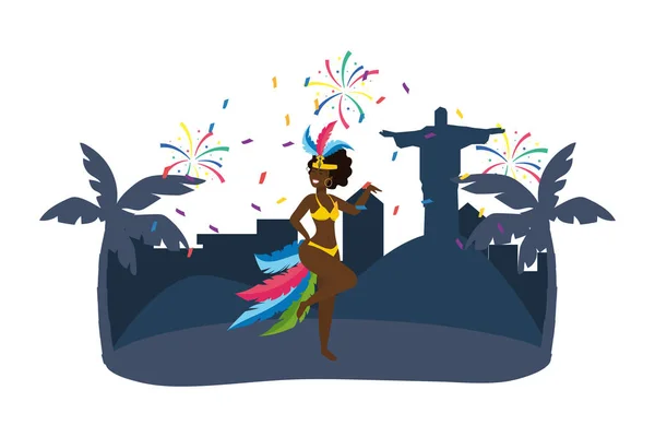 Rodný Ženský Tanec Oslavující Brazilský Karneval Městě Kristem Redeemerem Dlaně — Stockový vektor
