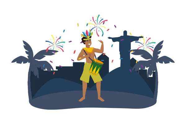 Hombre Con Tambor Celebrando Carnaval Brasil Ciudad Con Cristo Redentor — Archivo Imágenes Vectoriales