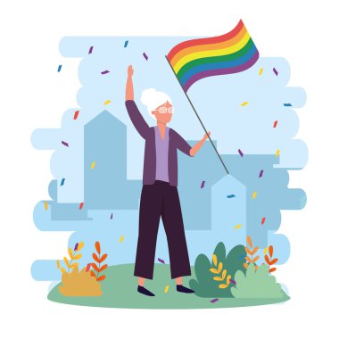 lgbt Özgürlük vektörü illüstrasyonuna gökkuşağı bayrağı taşıyan gözlüklü kadın