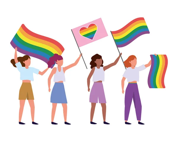 Omosessuale Orgoglioso Lesbiche Donne Con Lgtbi Bandiere Cartoni Animati Vettore — Vettoriale Stock