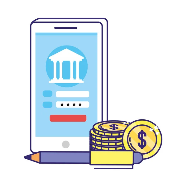 Spaargeld Financieel Concept Met Technologie Apparaat Bank Elementen Cartoon Vector — Stockvector