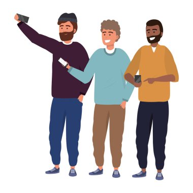 Bin yıllık grup birlikte gülümseyen mutlu kazak sakal afro vektör illüstrasyon grafik tasarım poz selfie alarak akıllı telefon kullanarak