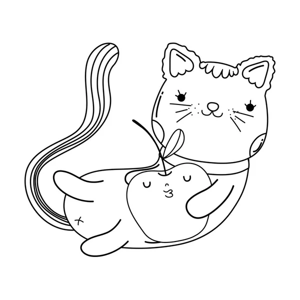 Lindo Gato Con Manzana Fresco Vector Ilustración Diseño — Vector de stock