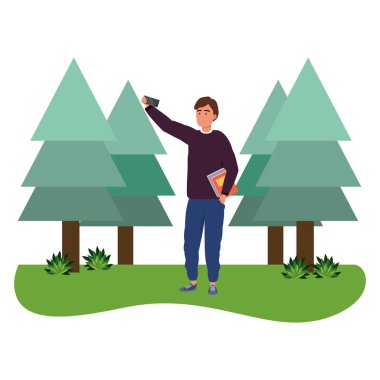 Bin yıllık öğrenci akıllı telefon çim ve ağaçlar doğa arka plan vektör illüstrasyon grafik tasarım kullanarak selfie alarak açık havada kitap tutan