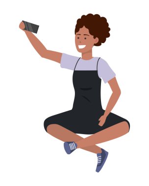 Bin yıllık kişi şık kıyafet önlük afro izole vektör illüstrasyon grafik tasarım kullanarak selfie mesajlaşma alarak akıllı telefon kullanarak oturan