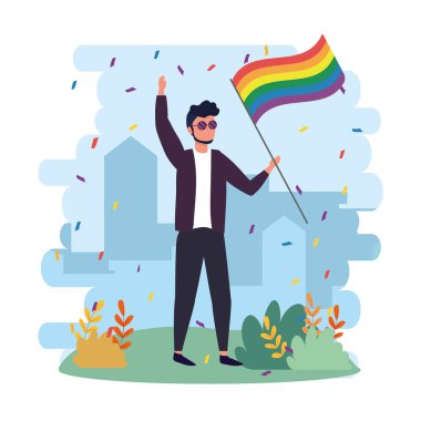 özgürlük vektör illüstrasyon gökkuşağı bayrağı ile güneş gözlüğü takan adam