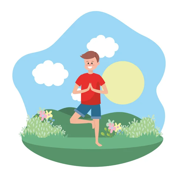 Fit Man Practicing Yoga Wearing Red Shirt Nature Park Vector — Stock Vector