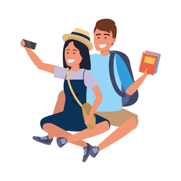 Millennial Student Para Uśmiechnięty Siedząc Biorąc Selfie Trzyma Książka Plecak — Wektor stockowy