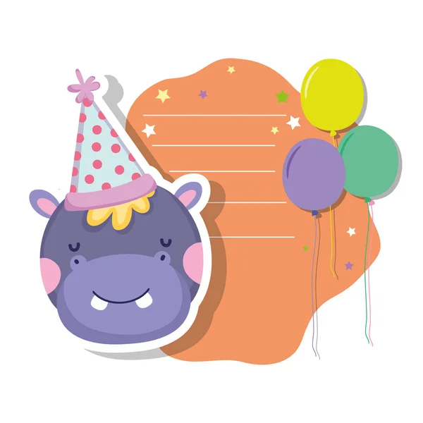 Schattig Kleine Hippo Karakter Met Partij Hoed Vector Illustratie Ontwerp — Stockvector