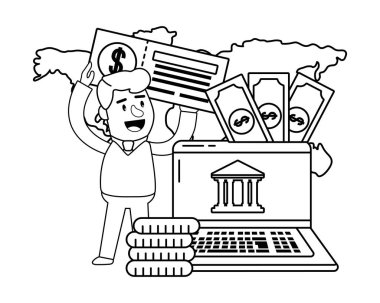 Dijital bankacılık hizmetleri online araçlar para mevduat elektronik işlem dünya çapında dizüstü ekran siyah beyaz vektör illüstrasyon grafik tasarım