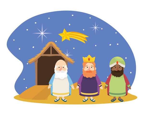 christmas nativity manger with three wise men and star scene cartoon vector illustration graphic design