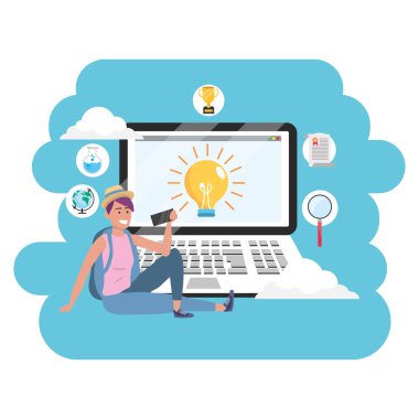 Mor boyalı saçlı online eğitim bin yıllık öğrenci kadın şapka oturan dizüstü ampul ekran sıçrama çerçeve vektör illüstrasyon grafik tasarım