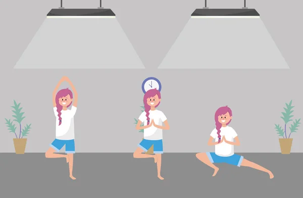 fit woman practicing yoga inside gym cartoon vector illustration graphic design