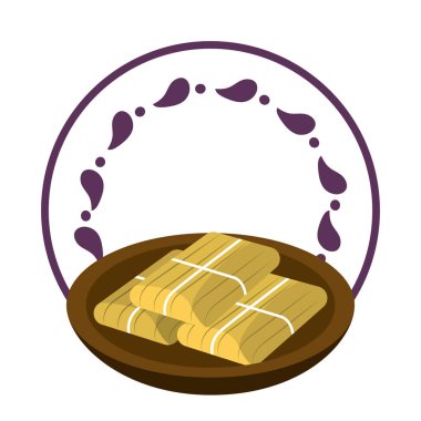Meksika yemeği tamales üzerinde çanak üzerinde yuvarlak etiket amblemi