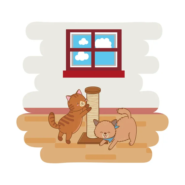 Lindo Divertido Mascotas Gatos Jugando Con Árbol Juguete Dibujos Animados — Vector de stock