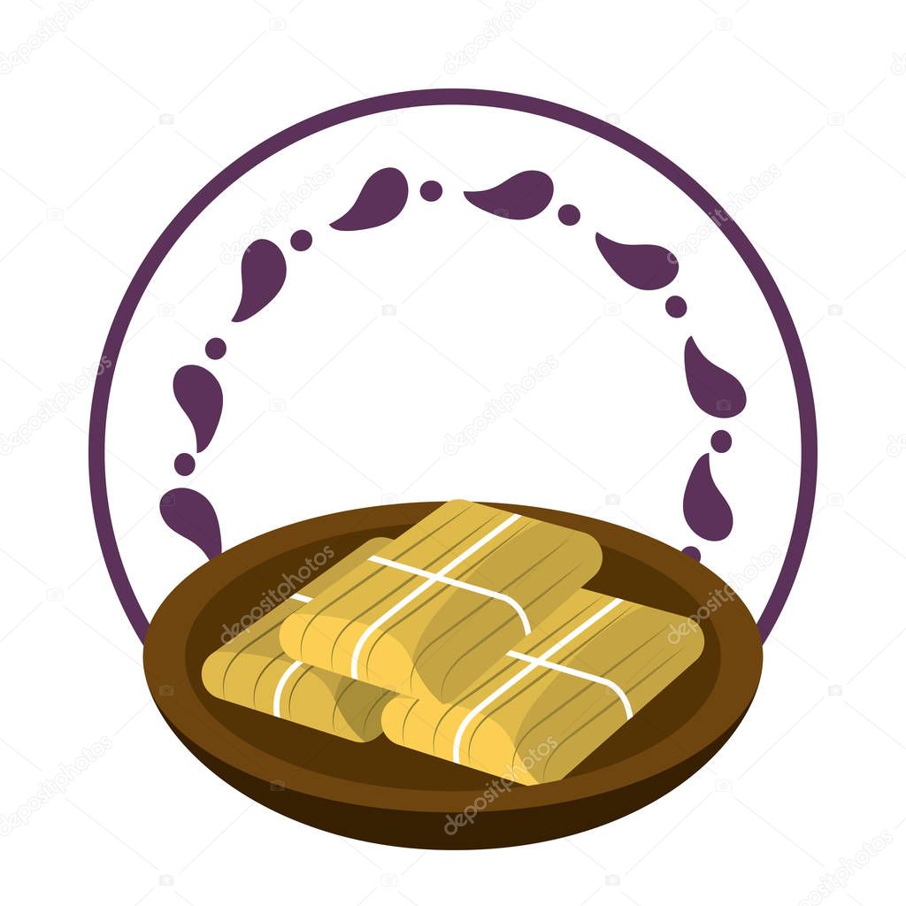 mexican food tamales on dish over round label emblem