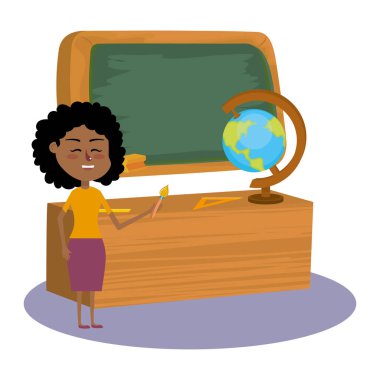 ilkokul öğretmeni sınıfta önünde Resepsiyon ve yönetim kurulu karikatür vektör çizim grafik tasarım