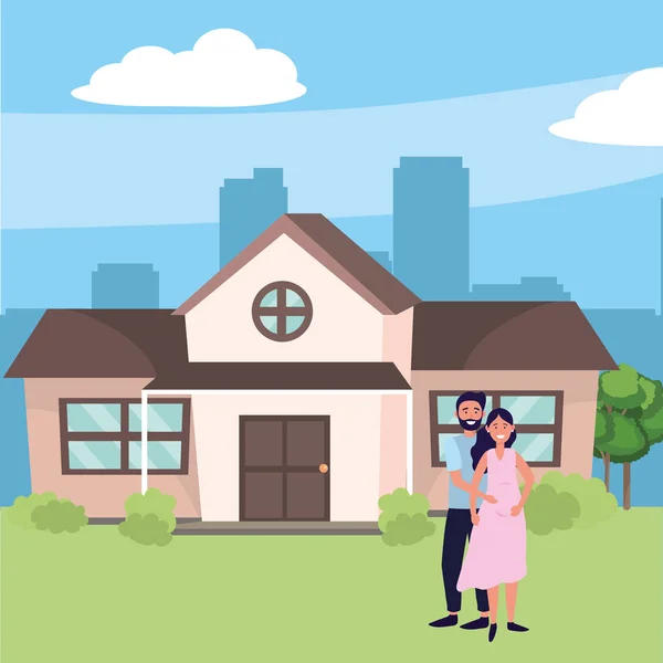 Zwangere Gelukkige Familie Paar Huis Home Cartoon Vector Illustratie Grafisch — Stockvector
