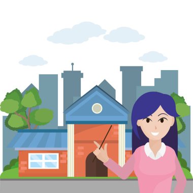 öğretmen kadın karikatür vektör çizim grafik tasarım bina önünde Okulu