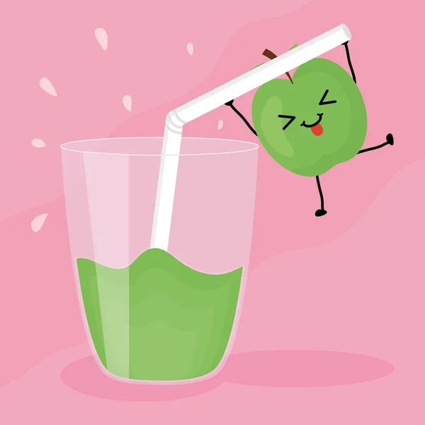 玻璃与果汁苹果新鲜水果 Kawaii 字符向量例证设计 — 图库矢量图片