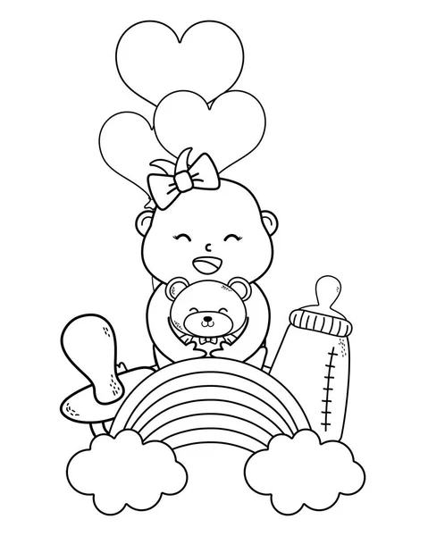 Mignon Bébé Douche Bébé Avec Éléments Soins Pour Bébés Dessin — Image vectorielle
